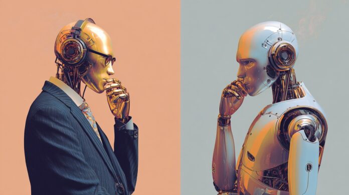AI Agents In Everyday Life - What They Can Do and Where Users Should Be Careful Illustration of two humanoid robots in thoughtful poses, symbolizing artificial intelligence, automation, and decision-making
