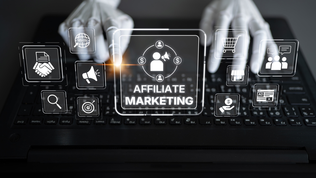Affiliate program icons appear above a laptop keyboard
