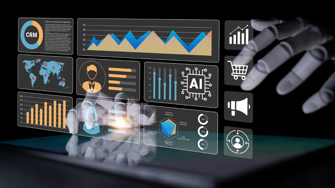 AI lead score dashboard shows CRM charts, sales data, and customer icons on a tablet