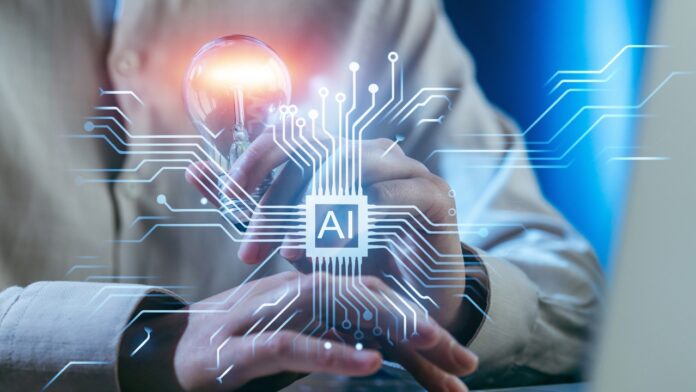 AI Skills for Office Jobs in 2026 Worker touches a glowing AI chip interface while a lightbulb appears above it