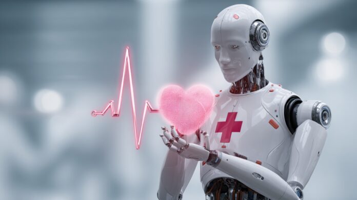 Illustration of a healthcare AI robot holding a glowing heart beside a heartbeat monitor graphic in a medical setting