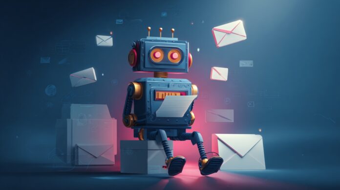 Illustration of a robot managing digital messages and documents while surrounded by floating email envelopes