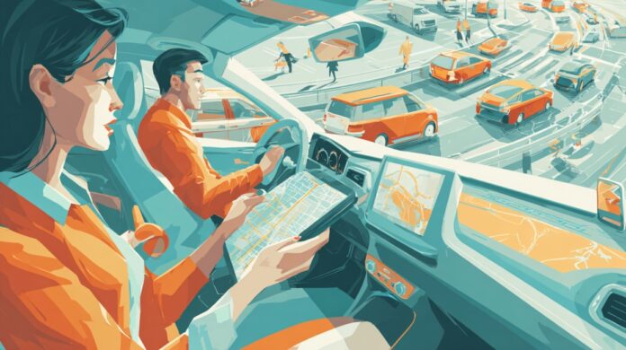 Illustration of people in a vehicle using digital navigation tools while AI-assisted systems monitor traffic and routes in a busy city