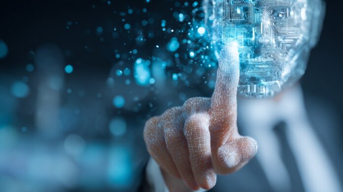 Illustration of a digital AI interface with a human hand interacting with a circuit-pattern face, symbolizing financial analysis and fraud detection