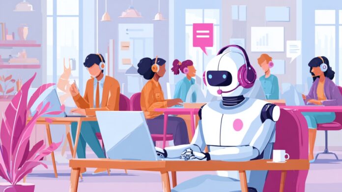 Illustration of an AI customer service agent working on a laptop alongside human support representatives in a modern office