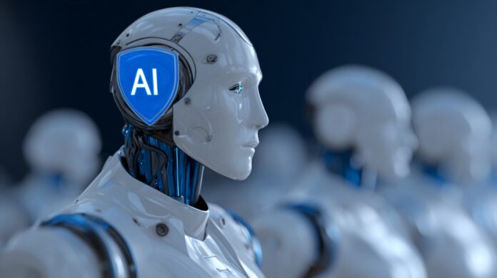 Illustration of AI-powered robots with a digital security shield, representing cybersecurity risks and protective measures in artificial intelligence systems