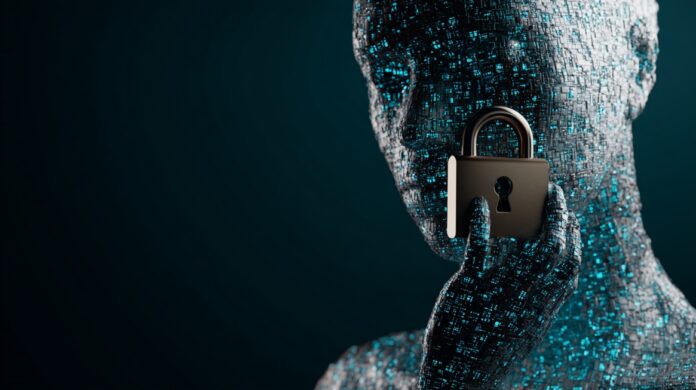 Illustration of a digital AI figure holding a padlock, symbolizing data privacy, cybersecurity, and information protection