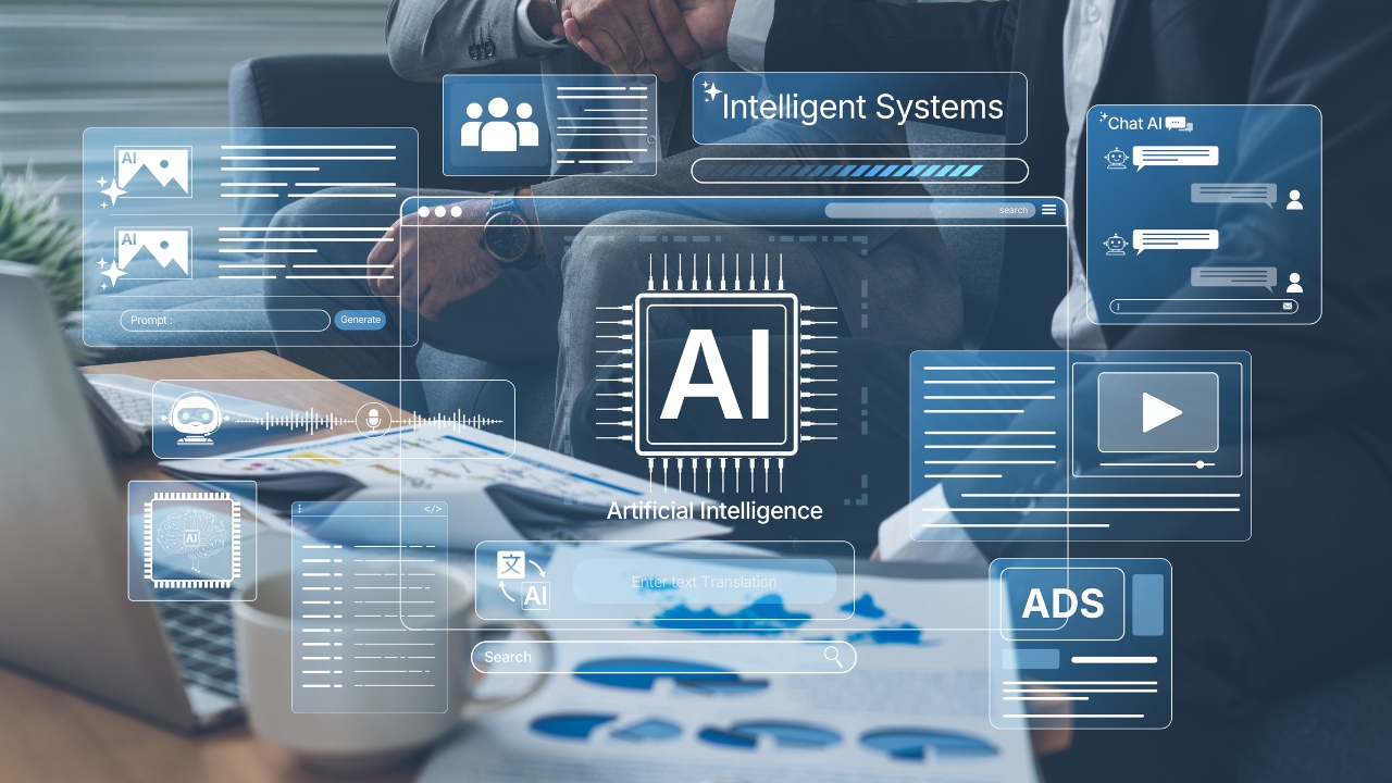 AI automation panels appear over a business team at a desk