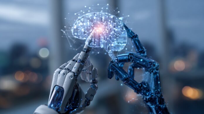 Illustration of robotic hands interacting with a digital brain, representing AI decision-making, bias, and fairness considerations