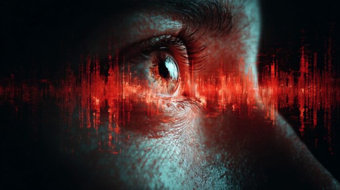 Close-up of a person's eye with a red audio waveform overlay, symbolizing careful listening and analysis of speech patterns to detect AI-generated or manipulated audio