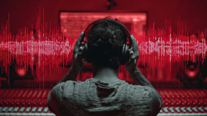 Person wearing headphones in a recording studio with a large audio waveform overlay, representing the analysis of voice recordings and AI-generated audio