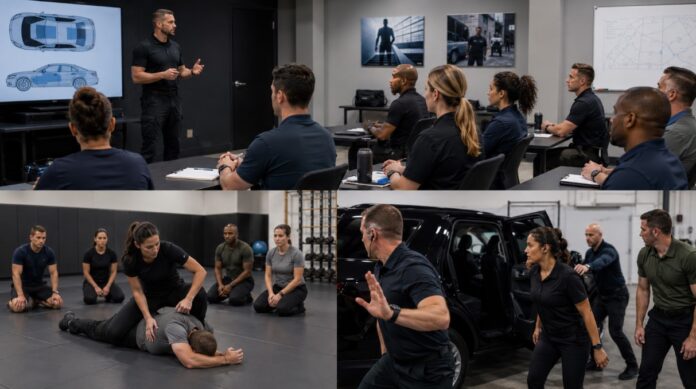 Adult trainees attend bodyguard classes in a professional security academy, learning protective operations, vehicle safety, communication, and defensive movement.