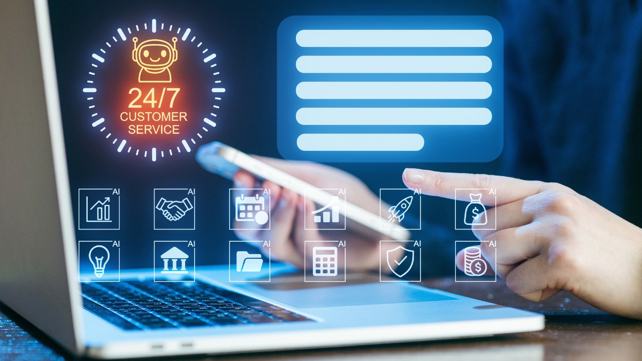 A user taps AI customer service icons beside a laptop and phone