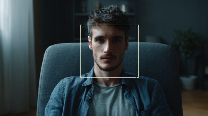 A man sits facing the camera with a facial tracking box around his face, illustrating how AI-generated video can be analyzed for signs of deepfake manipulation