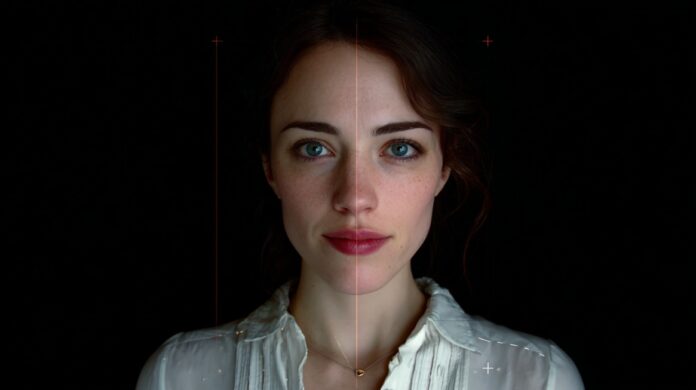 Deepfake Video Calls - How To Recognize a Fake Person On Screen Portrait of a woman split down the center with subtle digital guide lines, symbolizing the challenge of distinguishing a real person from a deepfake during a video call