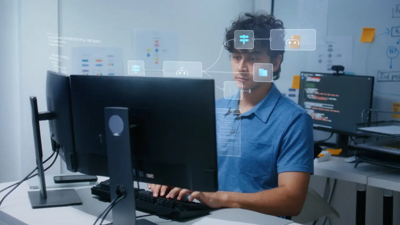 A worker checks AI task results on a computer screen