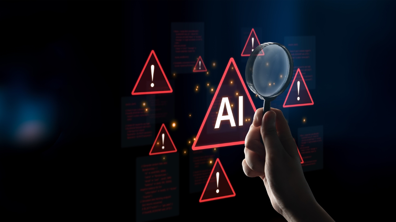 Hand checks AI warning signs with a magnifying glass on a dark digital screen
