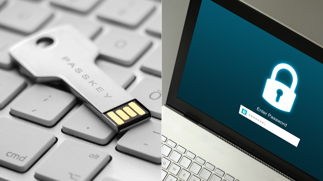 Passkey security key beside a password login screen on a laptop