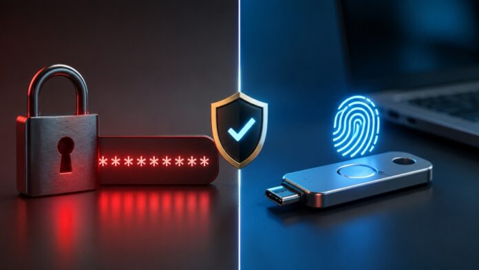 Passkey security key and password lock shown in a login security comparison