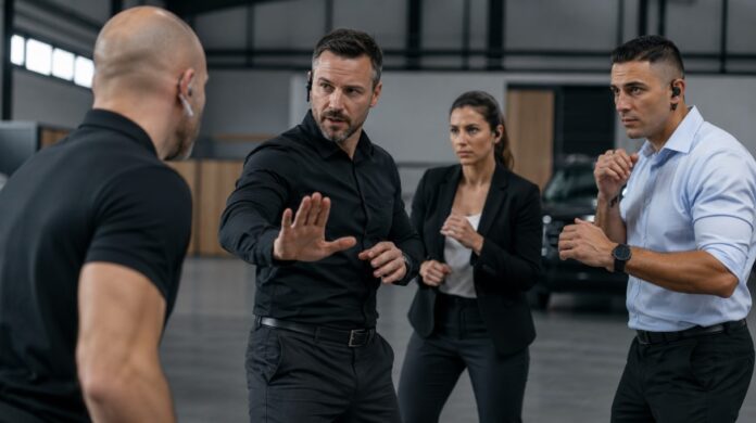 Bodyguard instructor training security professionals in defensive positioning during an executive protection class.