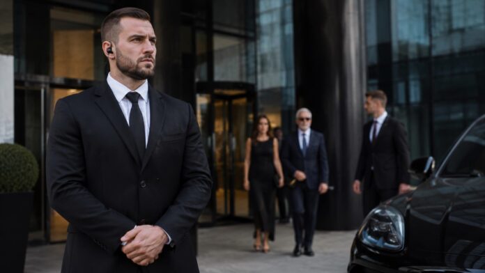 Bodyguard in a black suit with an earpiece standing alert outside a modern corporate building during executive protection work.