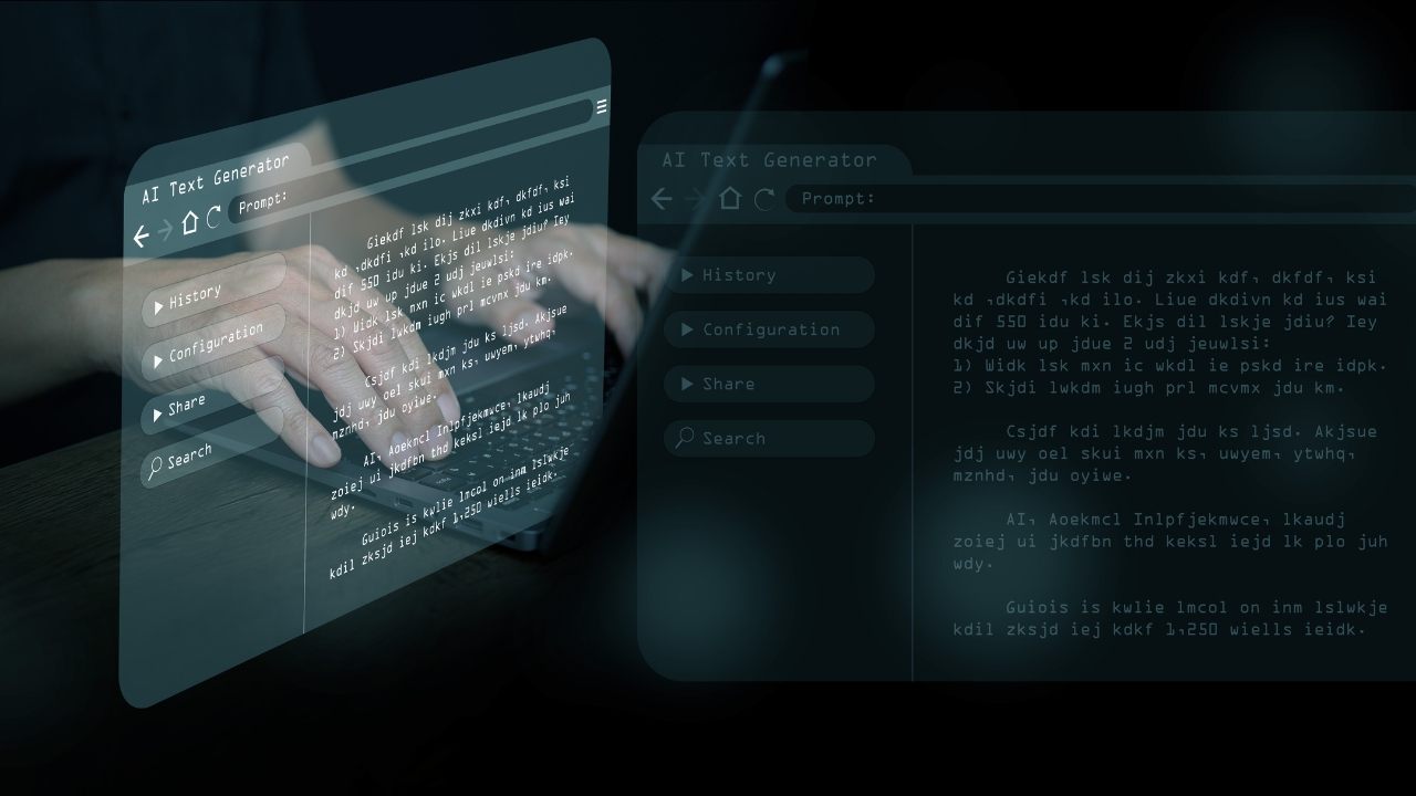 AI text generator screens appear over hands typing on a laptop