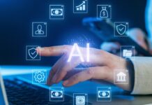 Small Business AI Tools – Simple Ways To Automate Admin, Sales, and Support Small business AI tools dashboard appears over a laptop as a user taps AI icons