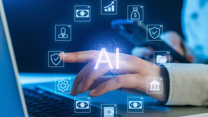 Small business AI tools dashboard appears over a laptop as a user taps AI icons