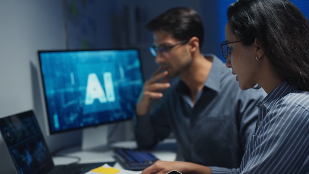 A business team reviews AI tools on a desktop computer