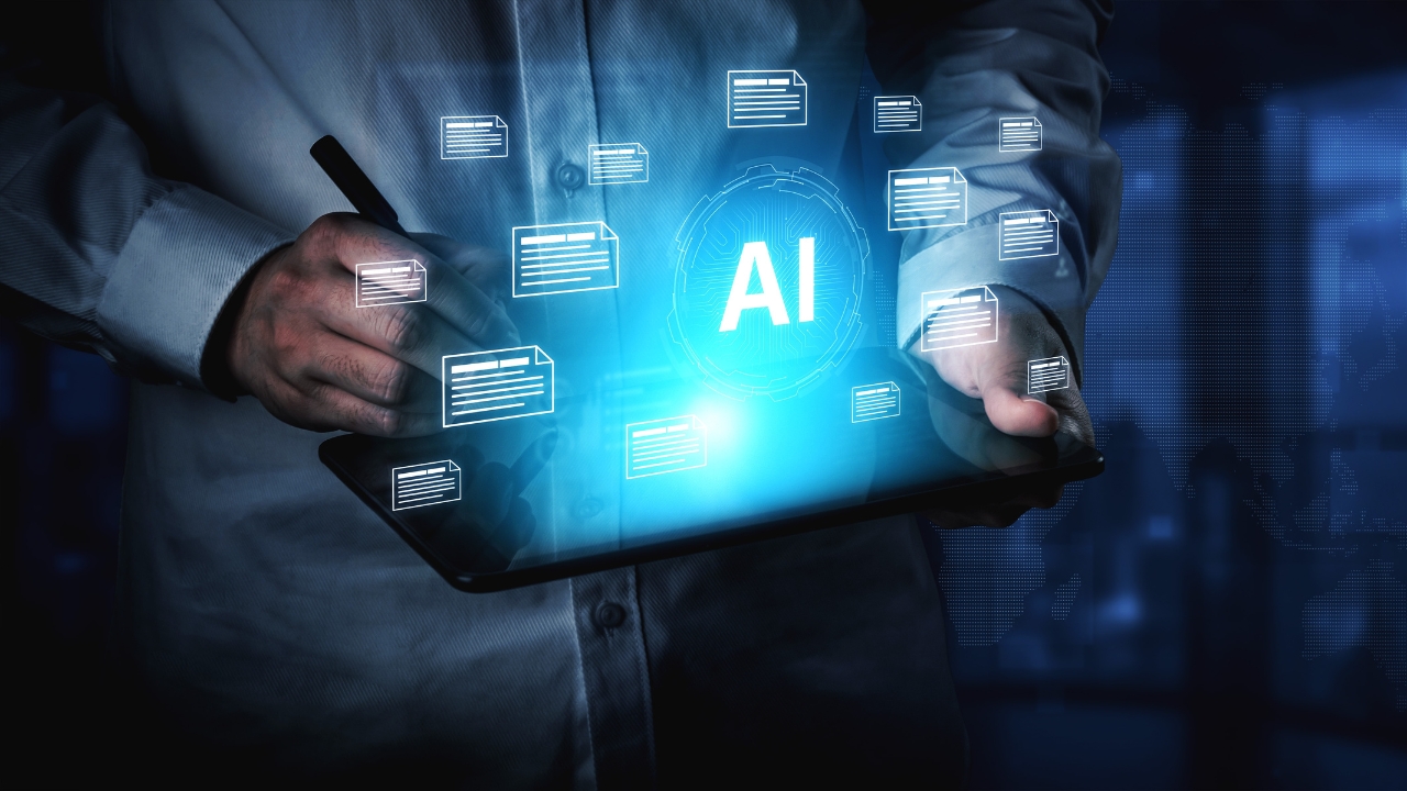 Worker uses AI on a tablet to sort and manage digital documents