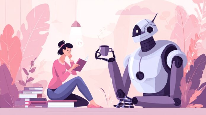 Illustration of a person reading beside a friendly robot holding a coffee mug, representing AI assistance with personal tasks and daily productivity