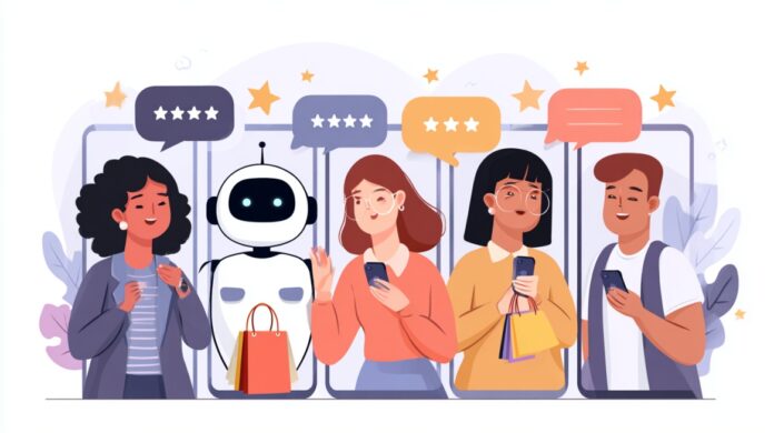 Illustration of shoppers and a robot assistant using mobile devices, with review ratings and chat bubbles representing personalized recommendations