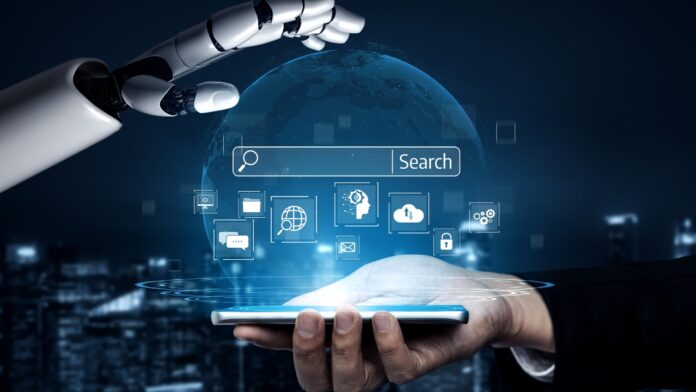 Robotic hand reaching toward an AI search interface above a smartphone