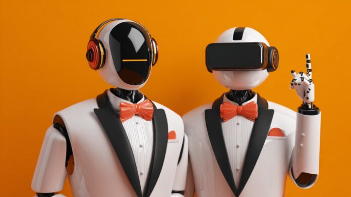 Illustration of two AI robots in formal attire, representing intelligent analysis, decision support, and advanced technology