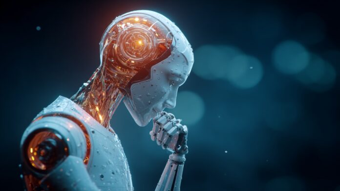 Illustration of a thoughtful AI robot, symbolizing intelligent assistance, automation, and everyday convenience