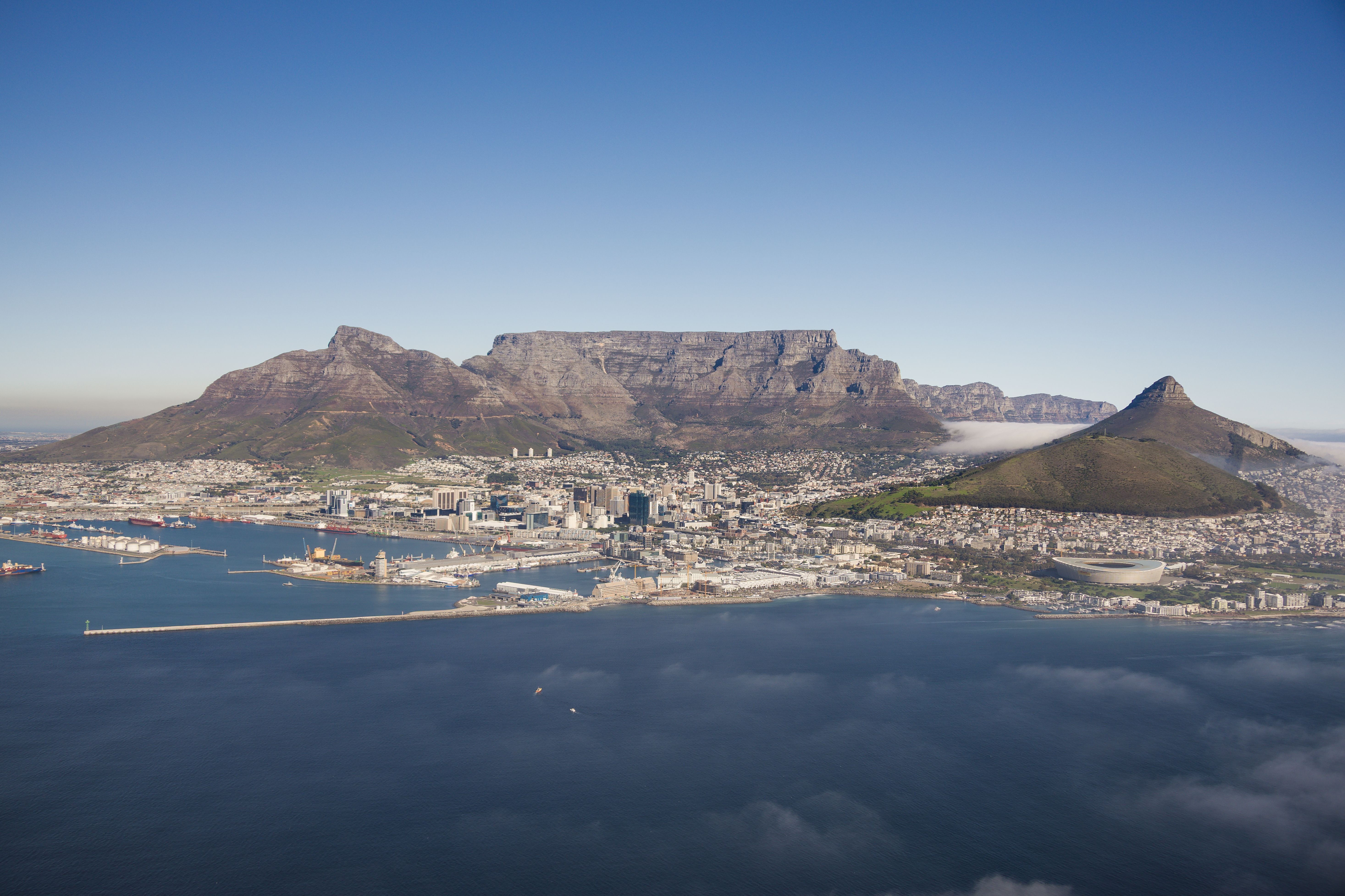 Aerial view of Cape Town, Table Mountain, and the surrounding coastline